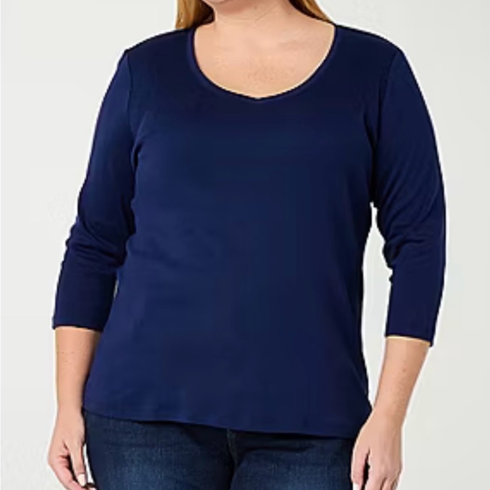 NWOT St John's Bay Navy Blue Cotton V-Neck Long Sleeve Women's Plus T-Shirt Top